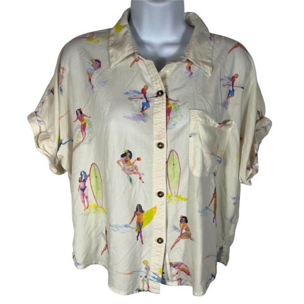 Lucky‎ Brand Womens SZ S Vintage Style Pinup Surf Beach Shirt Button Down-1711